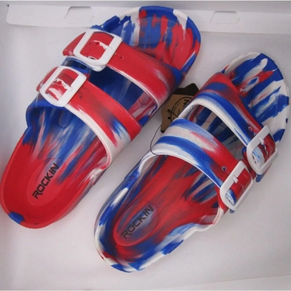 Rockin Footwear Unisex Huntington Buckle Slides red white blue marbled Slip Ons